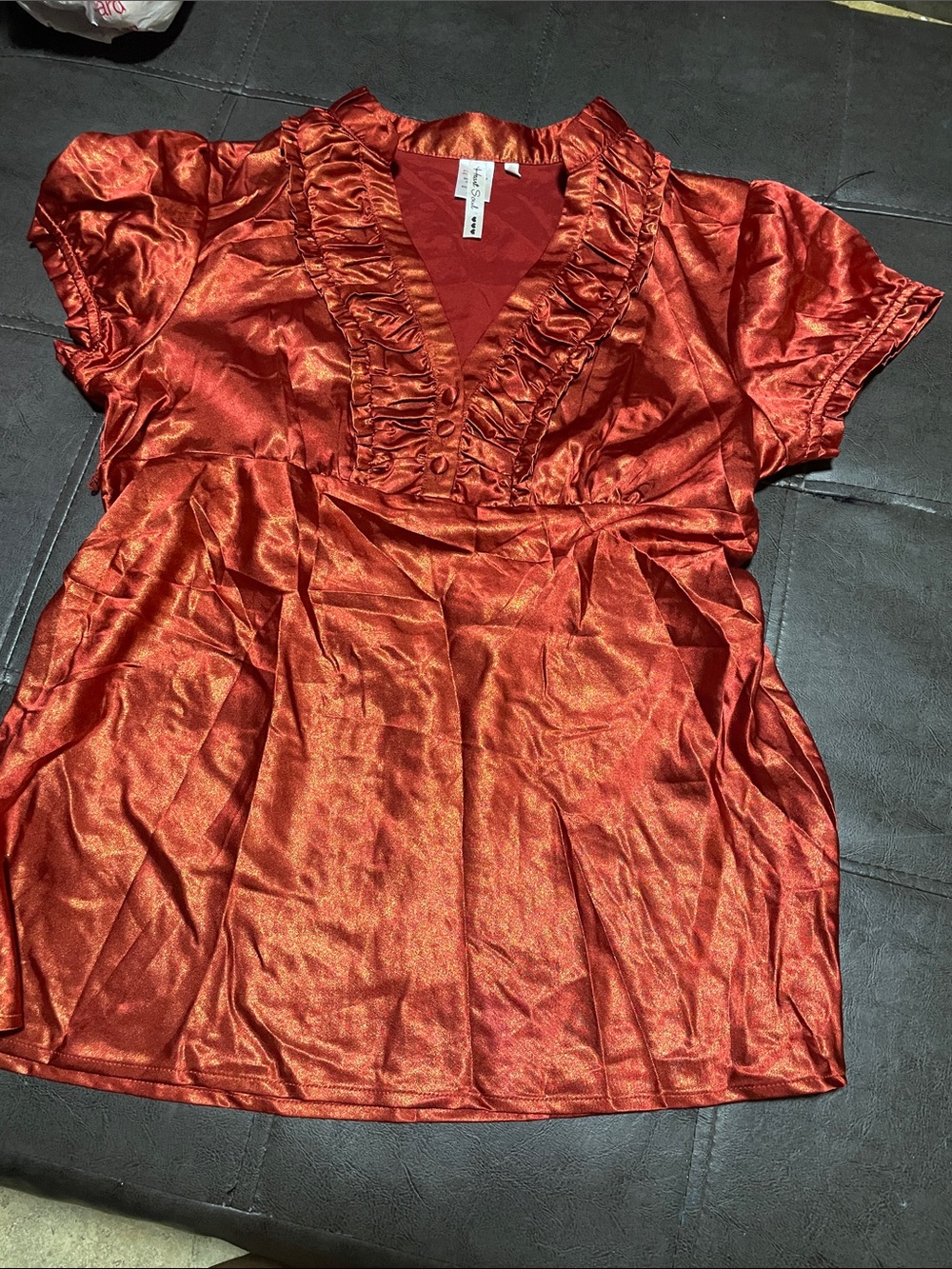 Heart Soul Shiny Ruffle V-Neck Blouse in Red-Orange